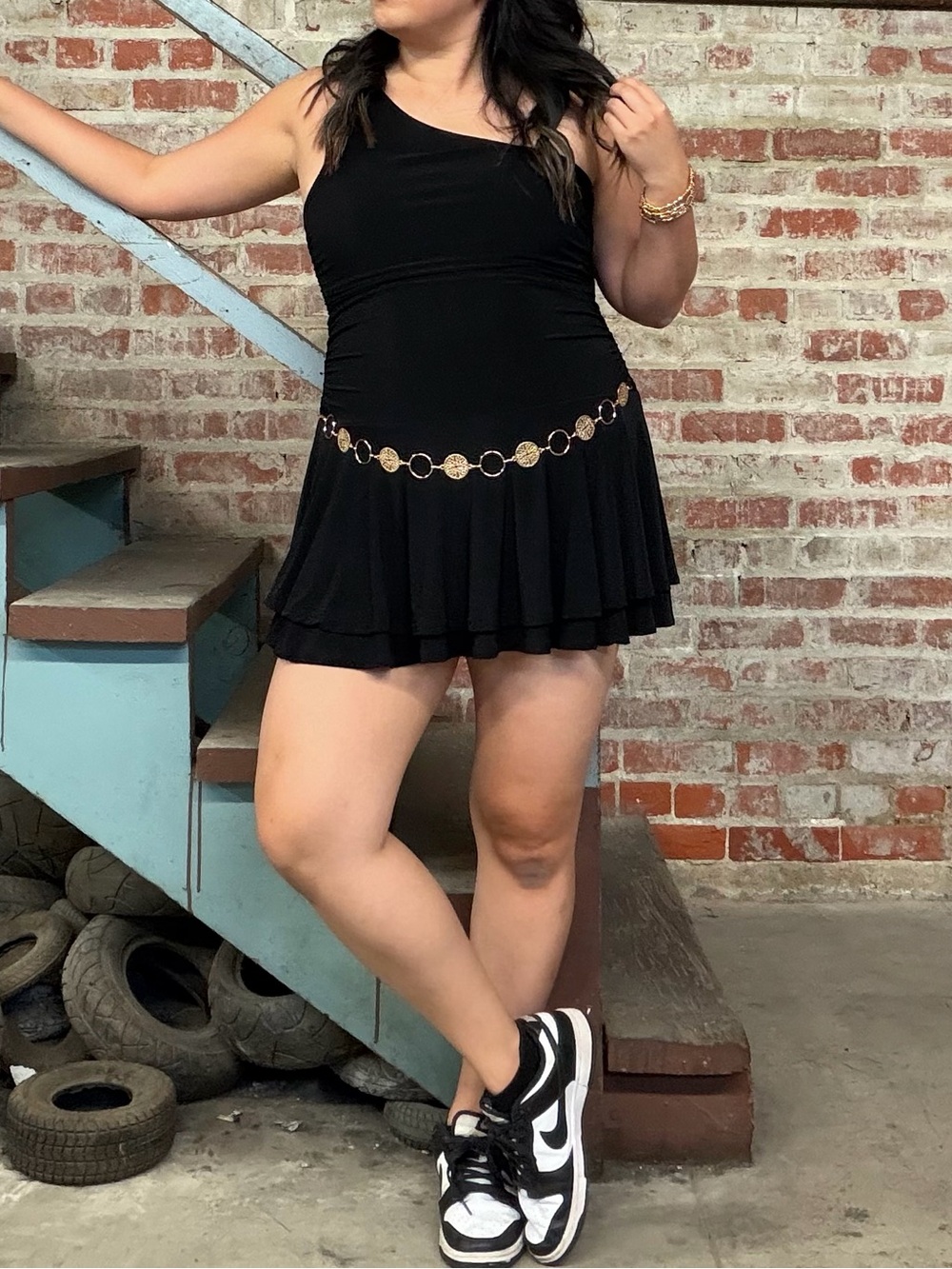 [LIKE 🆕] Black Off The Shoulder Romper with Gold Chain, Size L - XL